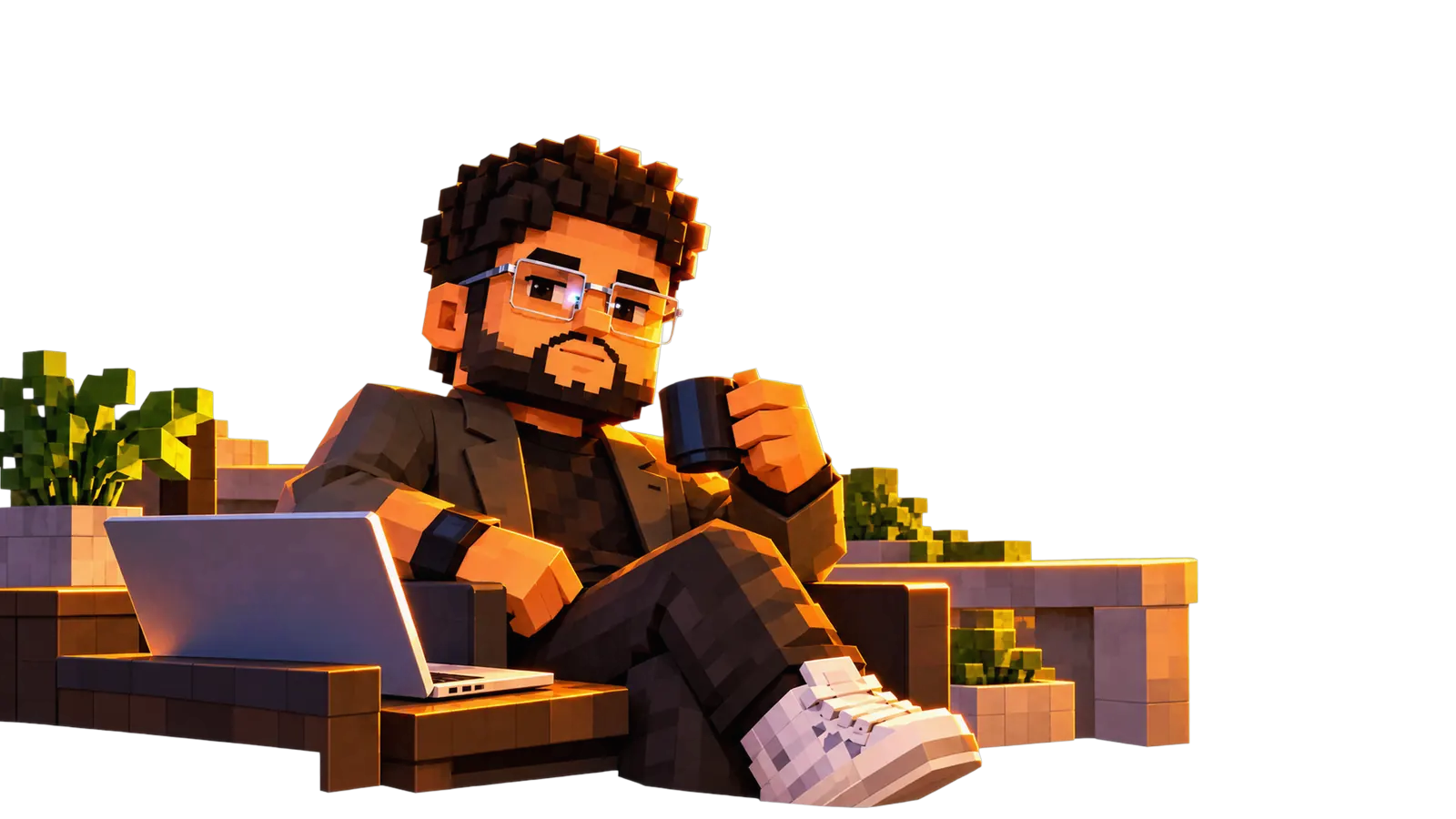 Elkis, en versión voxel, toma café en una terraza frente a Santiago al atardecer, junto a su notebook, su husky y cuatro libros: Vibe coding, Agentes, Apps y Herramientas.