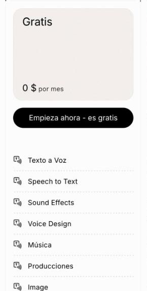 Página de precios de ElevenLabs con el plan Gratis de 0 dólares y el botón "Empieza ahora - es gratis"