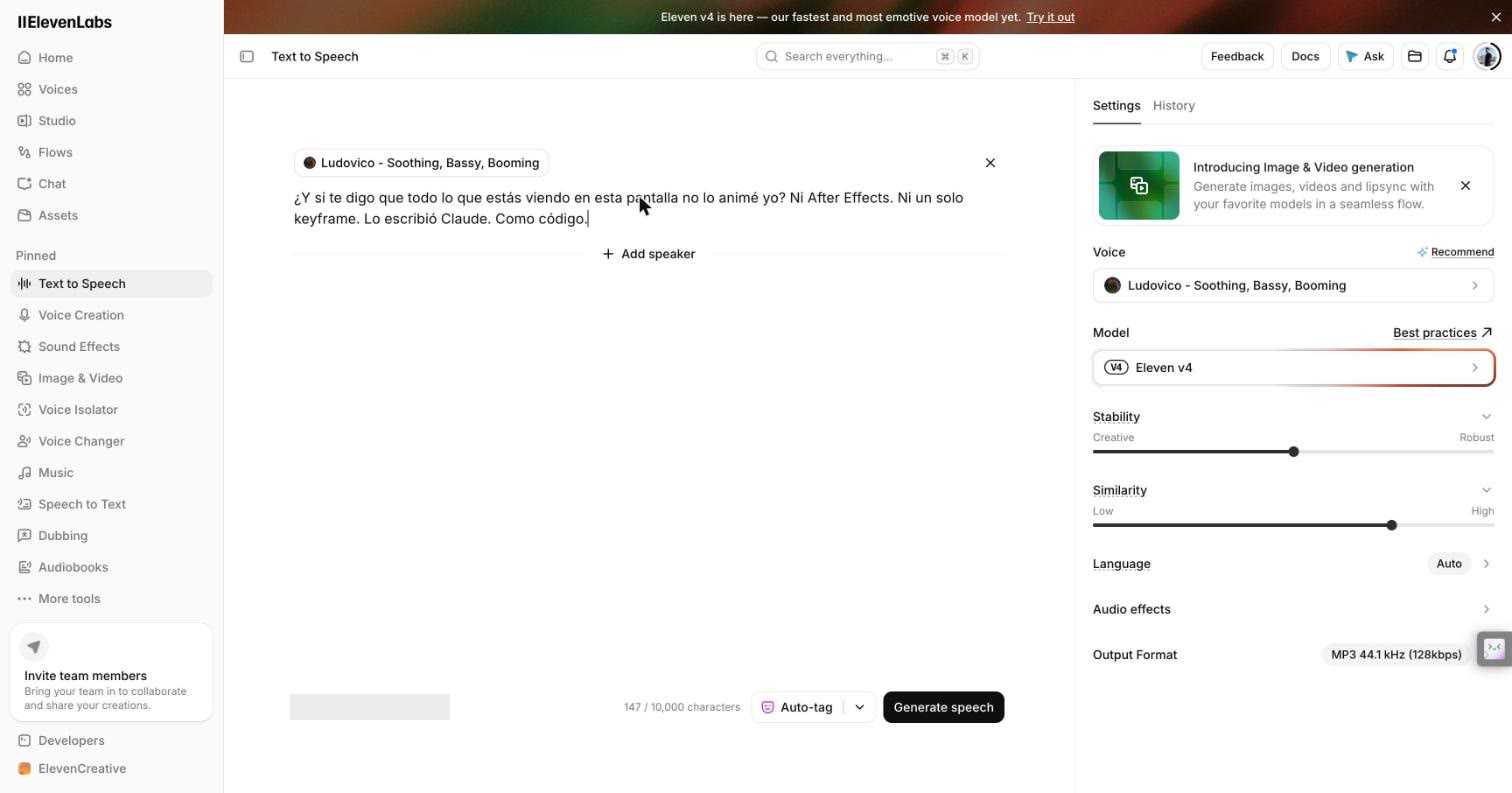 Pantalla de Text to Speech con una voz latina, el modelo Eleven v4 y el contador de caracteres