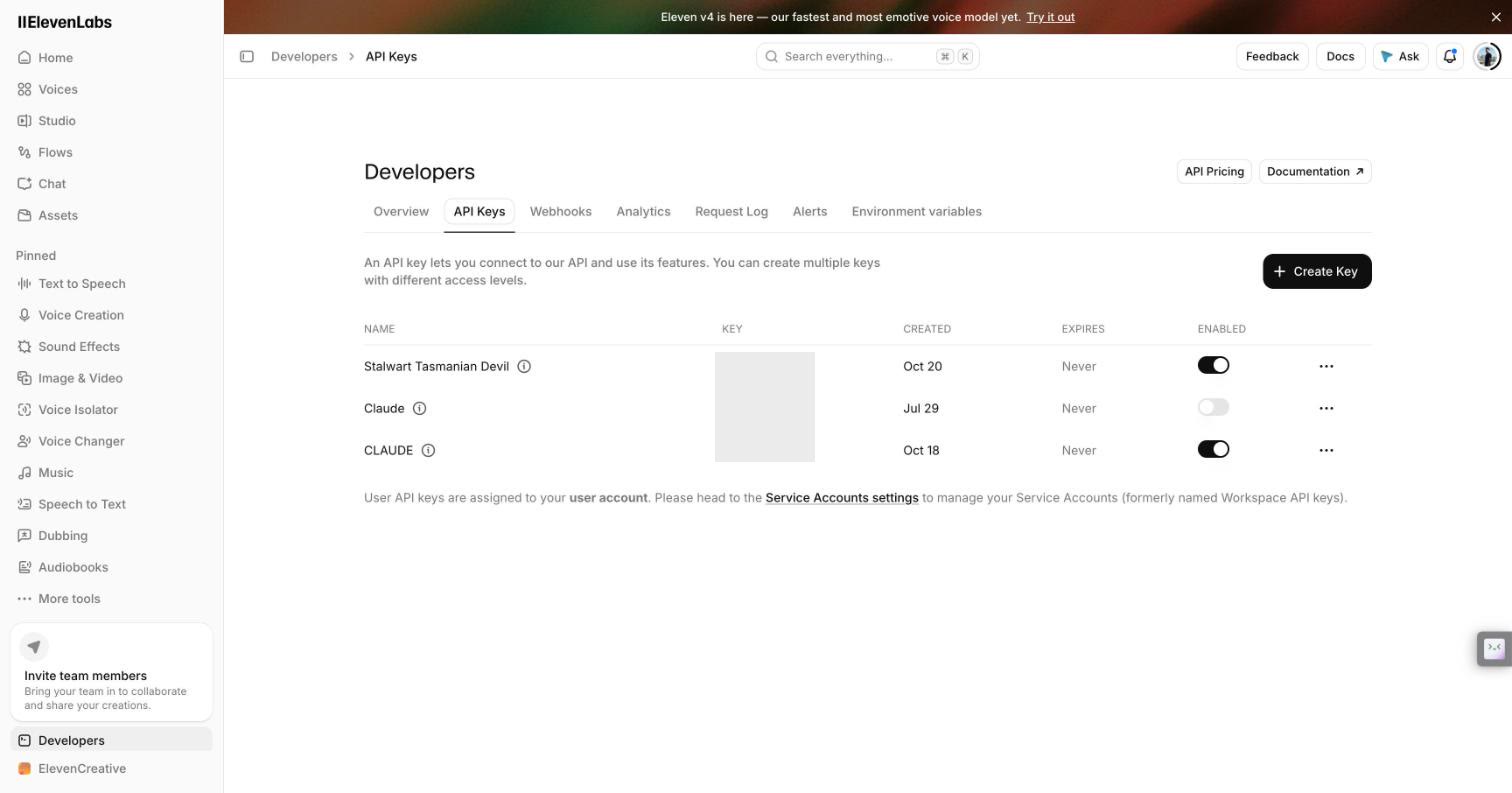 Sección Developers de ElevenLabs, pestaña API Keys, con el botón Create Key